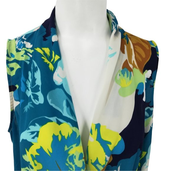 Cabi Spring Blossom Faux Wrap Blouse Size M Draped Sleeveless V-Neck Blue - Picture 2 of 12